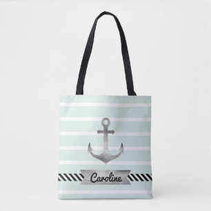 Tote Bag Bandes de menthe fraîche Ancre aquarelle Personnal