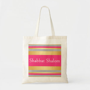 Tote Bag Bandes dorées grises et rose vif, Shabbat Shalom G