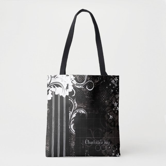 Tote Bag Bandes florales noires et blanches (Devant)