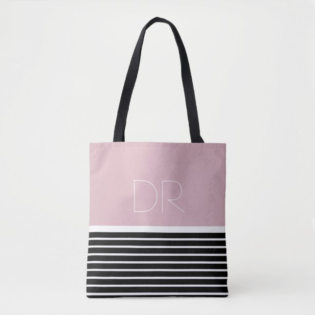 Tote Bag Bandes horizontales roses noires & monogramme . él (Devant)