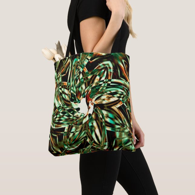 Tote Bag Bandes métalliques vertes en forme de fleurs, sépi (De près)