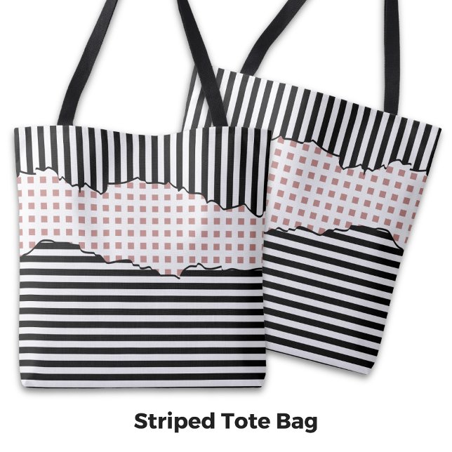 Tote Bag Bandes nettes Couleur noire, blanche et rose (Stylish Stripes Net Layered Black, White & Pink Tote Bag)