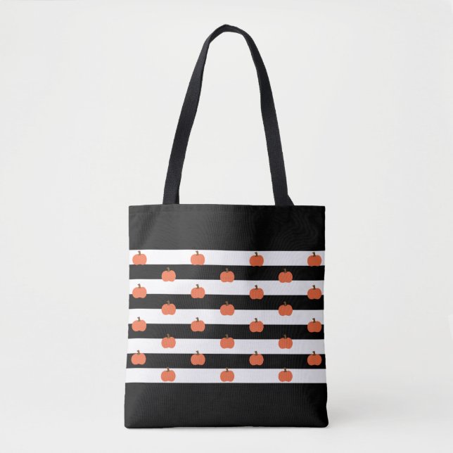 Tote Bag Bandes noires et blanches avec Citrouilles - Hallo (Devant)