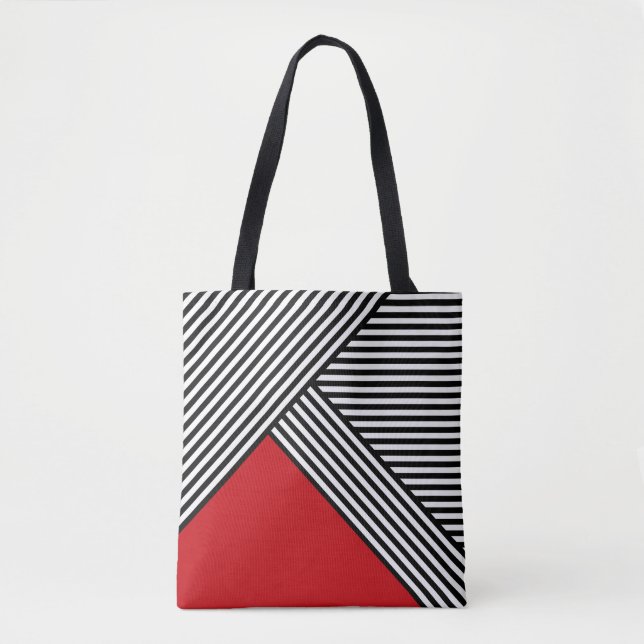 Tote Bag Bandes noires et blanches avec triangle rouge (Devant)
