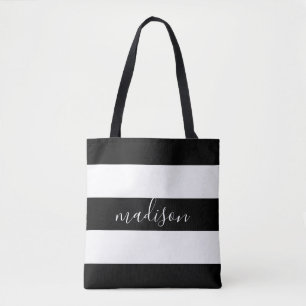 Tote Bag Bandes noires et blanches avec typographie de nom