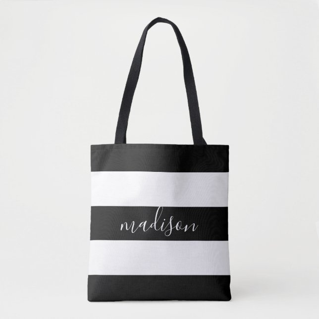 Tote Bag Bandes noires et blanches avec typographie de nom (Devant)