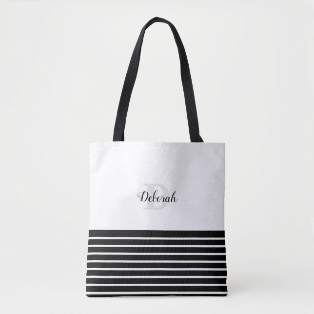 Tote Bag bandes noires et blanches et monogramme (Devant)