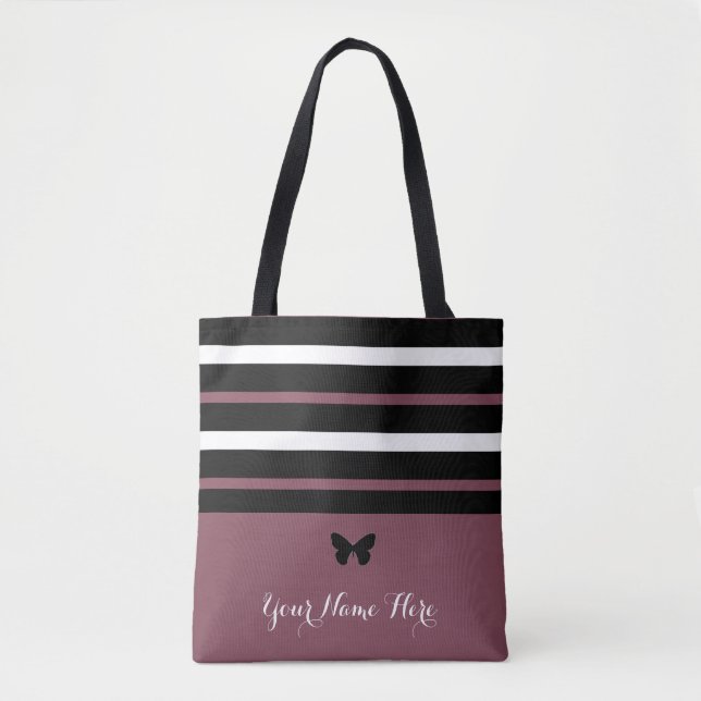 Tote Bag Bandes noires et blanches marron avec Papillon #1 (Devant)