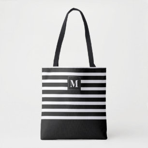 Tote Bag Bandes noires et blanches modernes avec Monogramme