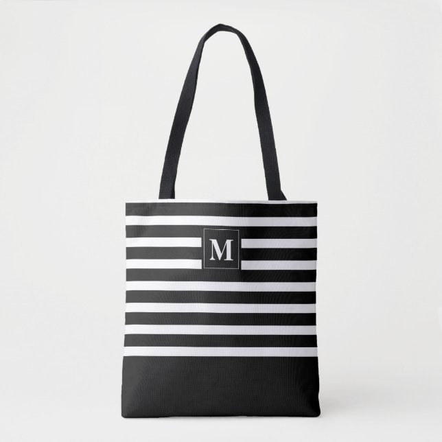 Tote Bag Bandes noires et blanches modernes avec Monogramme (Devant)