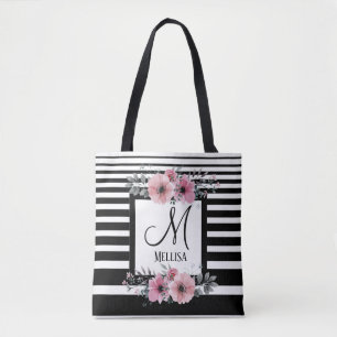 Tote Bag Bandes noires et blanches Monogramme floral rose