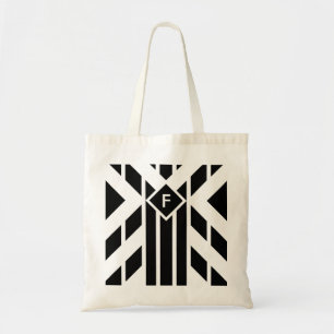 Tote Bag Bandes quadrilatérales noires sur blanc avec monog
