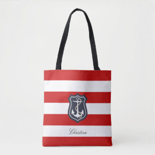Tote Bag Bandes rouges et blanches Nautiques avec votre nom