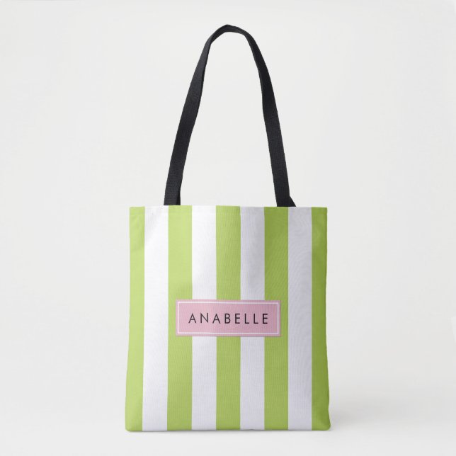 Tote Bag Bandes vertes, Lignes, Motif rayé, Votre Nom (Devant)