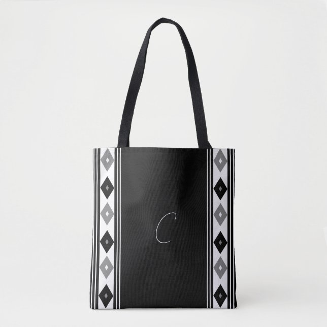 Tote Bag Bandes verticales de Monogramme noir et blanc (Devant)