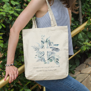 Tote Bag Baptême de croix de feuillage bleu rustique