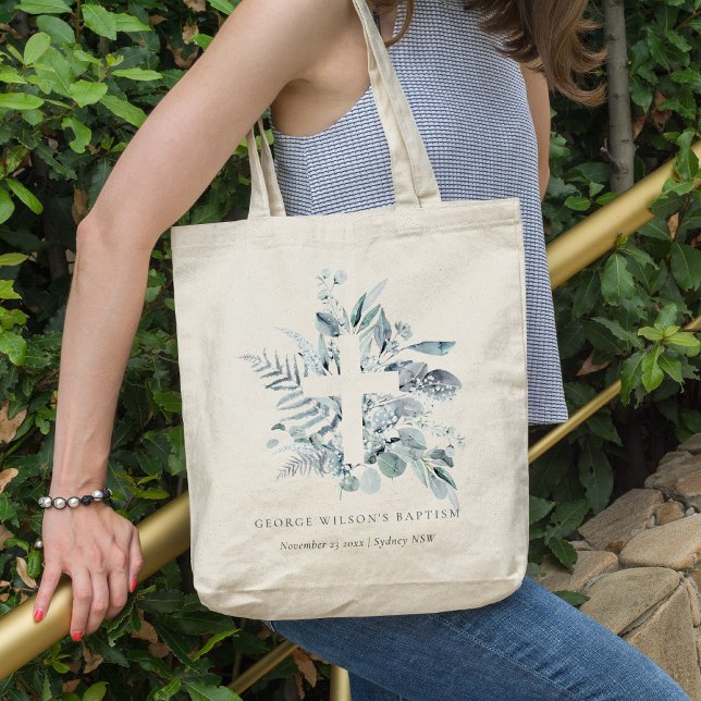 Tote Bag Baptême de croix de feuillage bleu rustique (Créateur téléchargé)