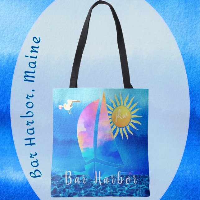 Tote Bag Bar Harbour Maine Aquarelle Voilier avec Initiales (Créateur téléchargé)