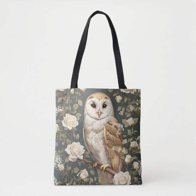 Tote Bag Barn Owl And White Roses William Morris Inspired (Devant)