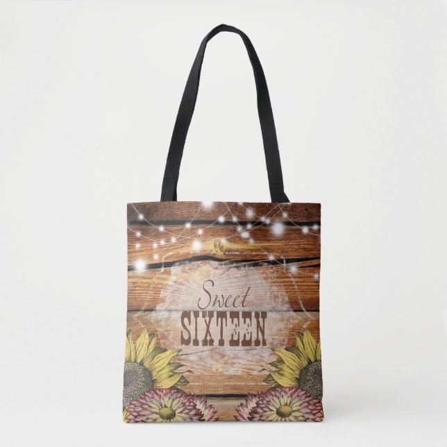 Tote Bag Barre Rustique Bois Chaîne Lumières Tournesols (Devant)