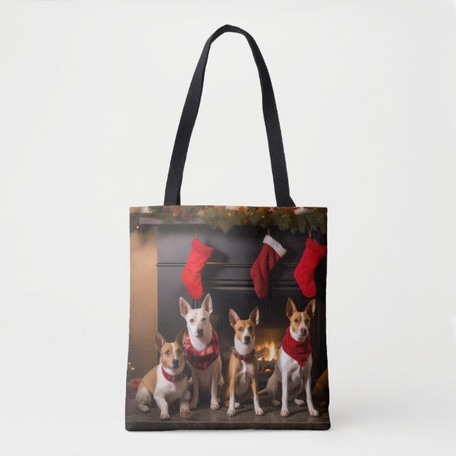 Tote Bag Basenji au coin du feu de Noël (Devant)