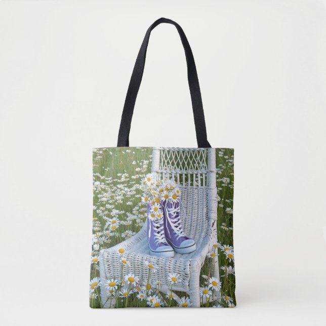 Tote Bag baskets à fleurs violettes avec des pâquerettes (Devant)