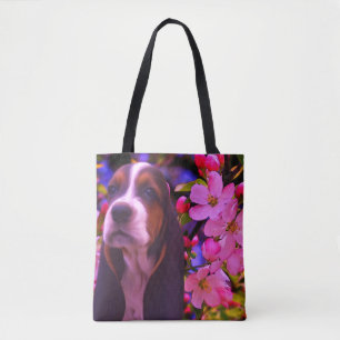 Tote Bag Basset Hound Chiot Blooms Chien Art