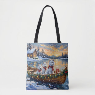 Tote Bag Bateau de Noël de Samoyède blanc pour les fêtes