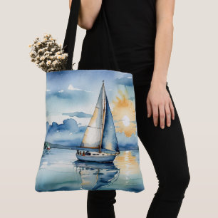Tote Bag Bateau Watercolor Sur Le Lac Au Coucher Du Soleil