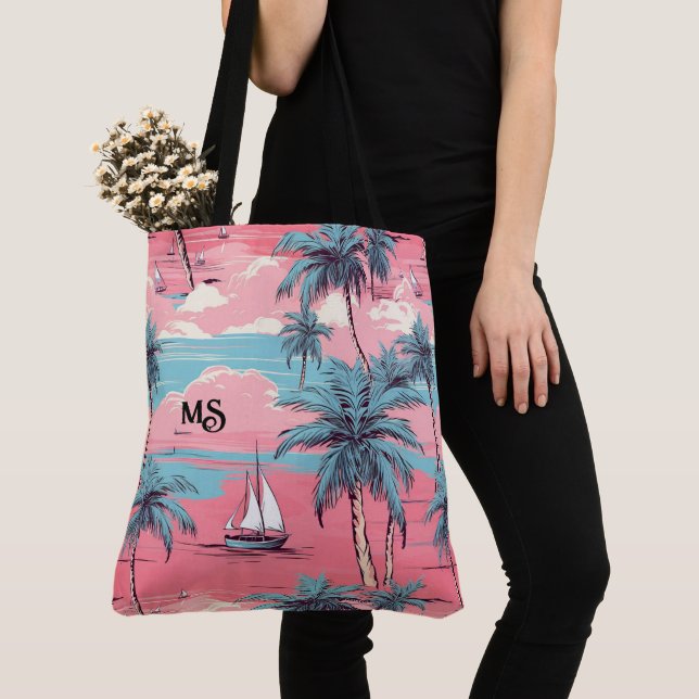 Tote Bag Bateaux à voile et palmiers (De près)