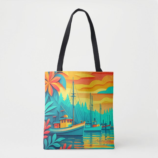 Tote Bag Bateaux de pêche au coucher du soleil tropical (Devant)