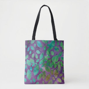 Tote Bag Batik Boho Violet Vert Motif Abstrait de Feuille