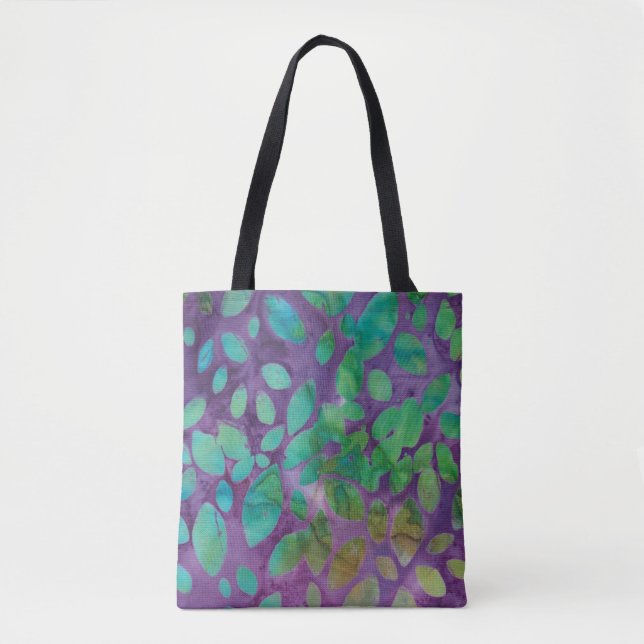 Tote Bag Batik Boho Violet Vert Motif Abstrait de Feuille (Devant)