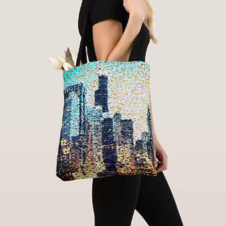 Tote Bag Bâtiments de la ville bleue en mosaïque avec relie