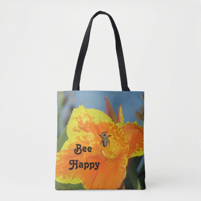 Tote Bag Be Happy Bee Pun Bright Orange Flower Photo Floral (Devant)