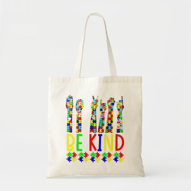 Tote Bag Be Kind Hand Sign Language Puzzle Sensibilisation  (Devant)