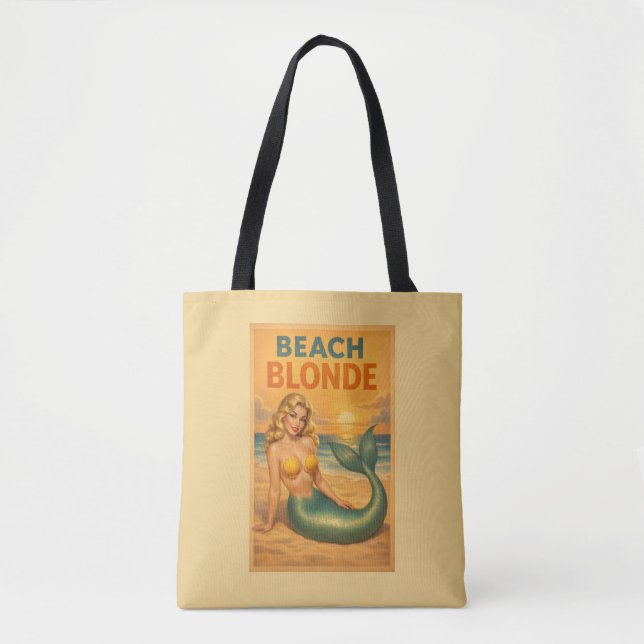 Tote Bag Beach Blonde Pin-Up Mermaid | Yellow Retro Coastal (Devant)