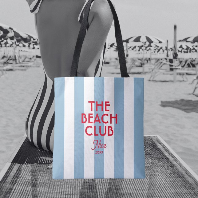 Tote Bag Beach Club French Red Blue Cabana Stripe (Créateur téléchargé)