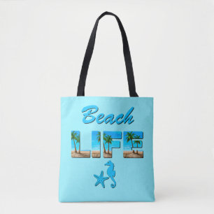 Tote Bag Beach Life Word Art avec sable et palmiers