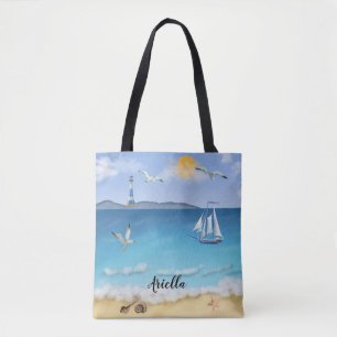 Tote Bag Beach Scene Bateau Voilier Seagulls Phare