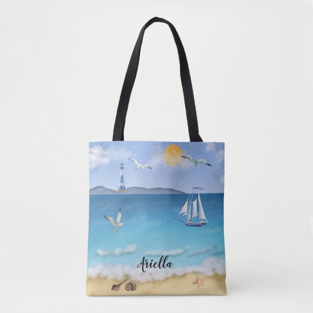Tote Bag Beach Scene Bateau Voilier Seagulls Phare (Devant)