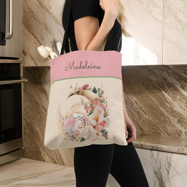 Tote Bag Beachy Moon Flowers et Nautilus Shell Monogramme (Créateur téléchargé)