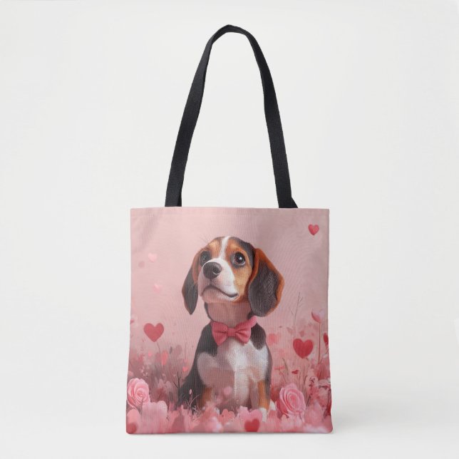 Tote Bag Beagle avec des roses - Saint-Valentin (Devant)