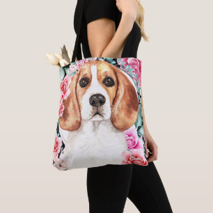 Tote Bag Beagle de l'aquarelle de chien face rose de couron