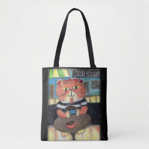 Tote Bag Beat Poet Café Chat Folk Art