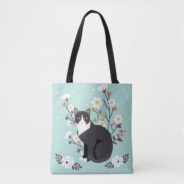 Tote Bag Beau chat de smoking en fleurs tout plus de - (Devant)