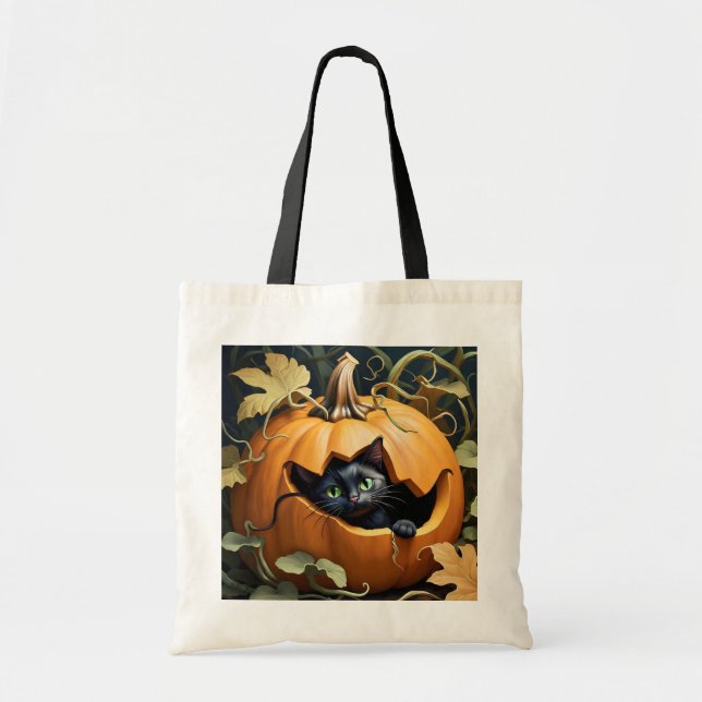 Tote Bag Beau chat noir en citrouille (Devant)