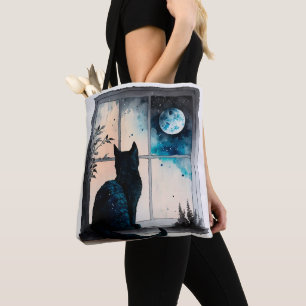 TOTE BAG BEAU CHAT NOIR EN COULEUR D'EAU SITUÉ DANS UNE FEN