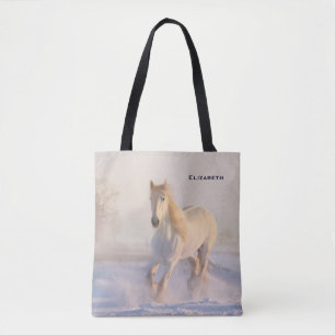 Tote Bag Beau Cheval Blanc Galloping dans la neige