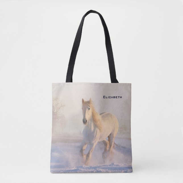 Tote Bag Beau Cheval Blanc Galloping dans la neige (Devant)